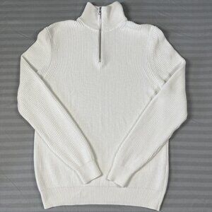 Zara Sweater Mens Medium White Ribbed Quarter Zip Pullover Cotton Knit Bulgaria